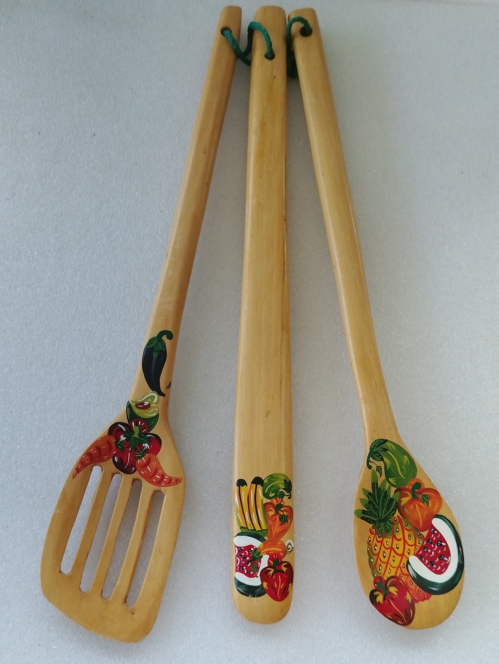 Set three hand-painted Wall wooden kitchen utensils featuring colorful fruit